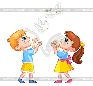 Happy cartoon boy and girl with white pigeons - vector clipart