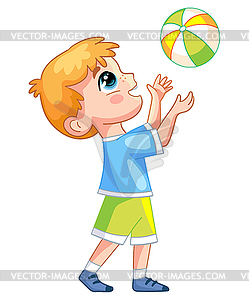 Счастливый мультяшный мальчик играет с мячом - векторный рисунок