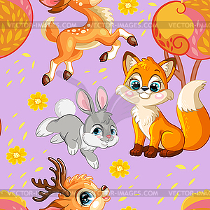 Seamless pattern with cute forest animals purple - vector clip art