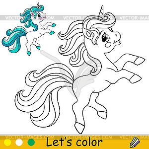 Cartoon cute happy little unicorn coloring book page - vector clip art