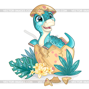 Cute cartoon baby turquoise brontosaurus in egg - vector image