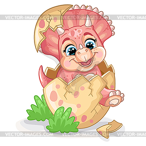 Cute cartoon baby pink triceratops in egg - vector clipart