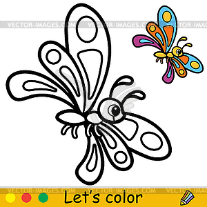 Cartoon funny butterfly coloring book page for kids - vector clipart