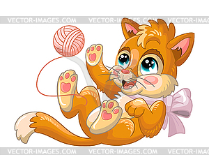 Cute cartoon character orange kitten playing with - vector image