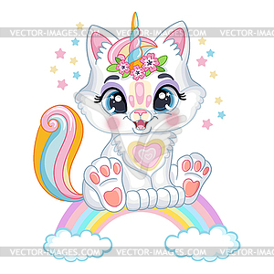 Cute kawaii kitten on rainbow cartoon character - vector clip art