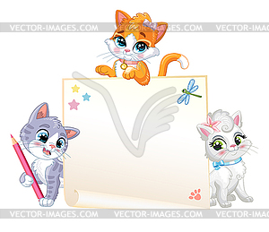Three cute cartoon kittens with empty banner - vector clipart
