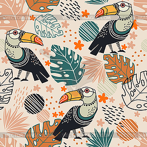 Seamless pattern abstract plants and toucans - vector clipart