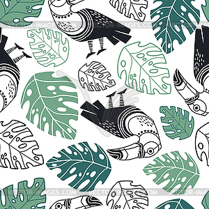 Seamless pattern abstract toucans with plants - vector EPS clipart