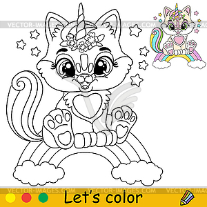 Cartoon cat unicorn sitting on rainbow coloring boo - vector clipart