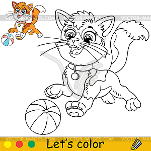 Cartoon cat with ball coloring book page - vector clip art