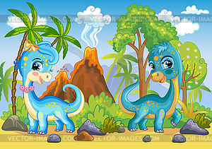 With cute diplodocus dinosaurs in nature - vector clip art