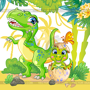 With cute tyrannosaurus dinosaurs in nature - vector image