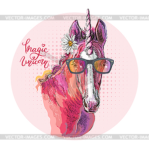 Head of unicorn with glasses - vector image