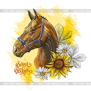 Portrait of horse and flowers on yellow - vector image