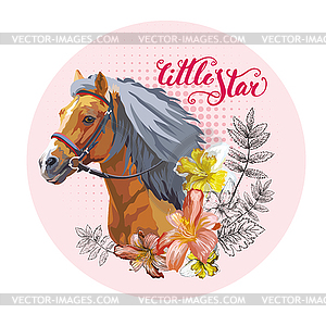 Portrait of horse flowers and leaves - vector clipart / vector image