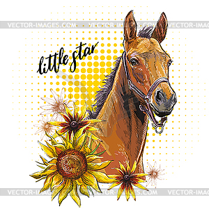 Portrait of foal and flowers - vector image