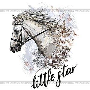 Portrait of white horse and leaves - vector image