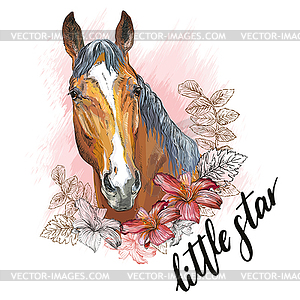 Portrait of bay horse and flowers - vector clipart