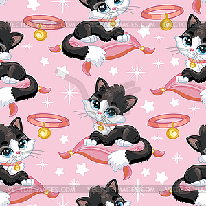 Seamless pattern cute black cat on pillow - vector clipart