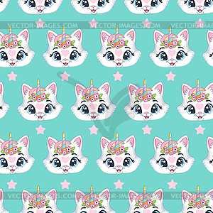 Seamless pattern cute kitty unicorn head - vector image