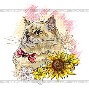 Portrait of cat and iris flowers - vector clip art