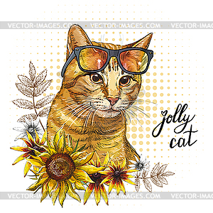 Portrait of Tabby cat and flowers - vector clipart