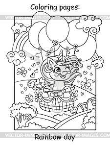 Cute unicorn flying on air balloons coloring book - vector image