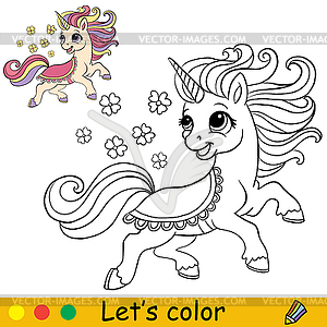 Cartoon unicorn with flowers coloring book page - vector image