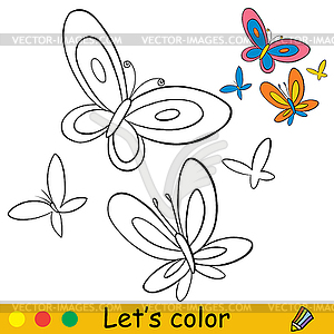 Cartoon cute butterfles coloring book page for kids - vector clip art