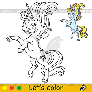 Cartoon unicorn blue coloring book page - vector image