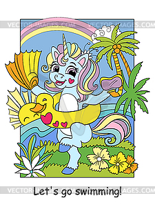 Cute unicorn in an inflatable circle with fins color - vector clip art