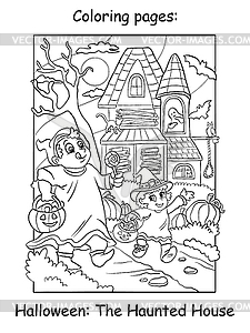 Coloring Halloween children walk past haunted house - vector clipart