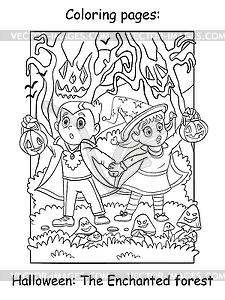 Coloring Halloween children in an enchanted forest - vector image