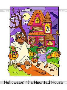 Halloween children walk past haunted house colorful - vector image