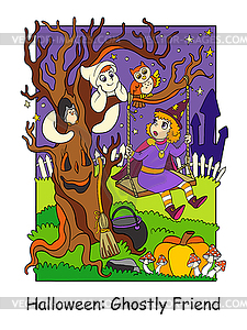 Halloween witch met with cute ghost colorful - vector image