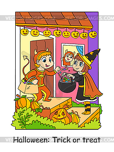 На Хэллоуин дети обмениваются красочными сладостями - векторный графический клипарт