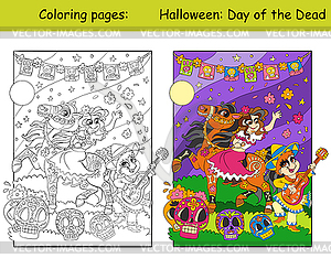 Coloring and color Halloween kids on Day of Dead - vector clip art