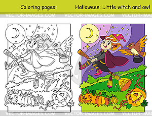 Coloring and color Halloween witch flying on broom - color vector clipart