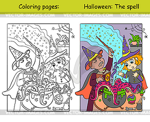 Раскраска и раскрашивание Хэллоуина дети готовят зелье - векторная графика