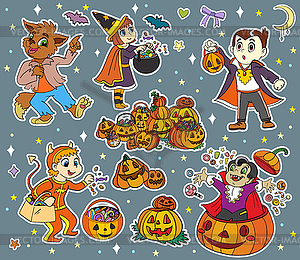 Набор наклеек для детей и элементов Хэллоуина - векторный клипарт EPS