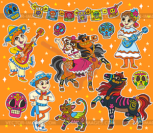 Mexican halloween kids and elements sticker set - vector image