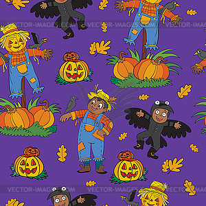 Seamless pattern of Halloween with cute scarecrows - vector clipart