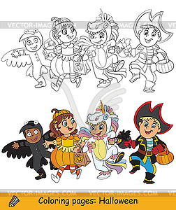 Coloring and color Halloween monsters kids walking - vector clipart