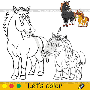 Coloring and color cute pony unicorn and surprised - color vector clipart