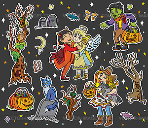 Halloween kids and elements sticker black set - vector image