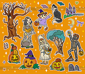 Halloween kids and elements sticker orange set - vector clipart