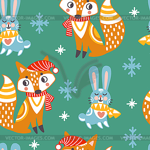 Seamless pattern christmas animals green - vector clip art