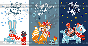Набор вертикальных рождественских открыток с милыми животными - векторизованное изображение