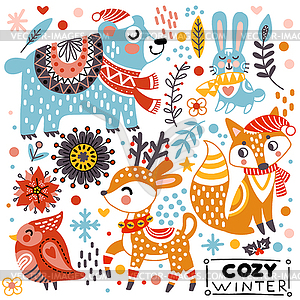 Christmas square card with animals whire - vector clipart