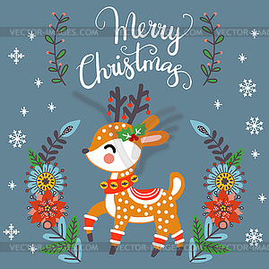 Merry Christmas square card cute deer - vector image